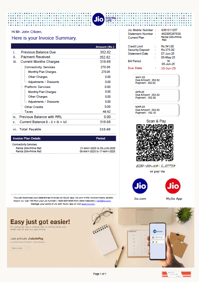 India Jio Digital Life utility bill template in Word and PDF formats, version 2